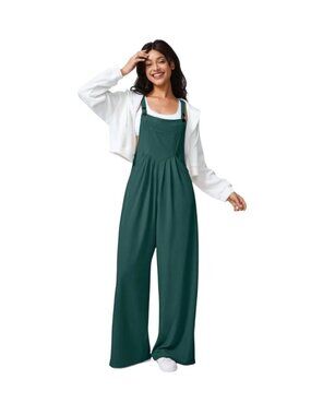 Halara Wide-Leg waffle knit pockets pleated Overalls Adjustable Straps Forest bi